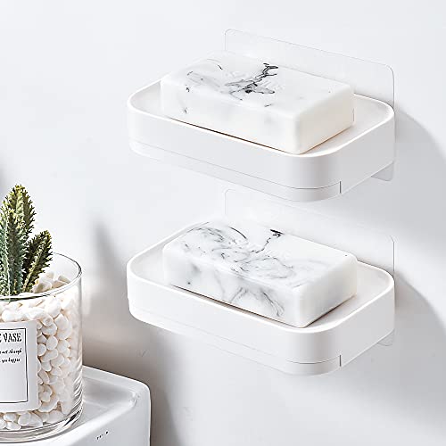 YOHOM Porte-Savons Adhesif Salle de Bain Porte Savon Douche Plastique Plateau à Savon Mural Blanc Support de Savon de sans Perçage avec Drain Cover
