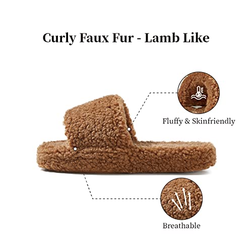 Posee Fuzzy Memory Foam Slippers For Women, Fluffy Open Toe Slippers Curly Fur Cozy Flat Spa Slide Slippers Comfy Soft Non-Slip House Shoes Indoor And Outdoor, Warm Gift #TOP1