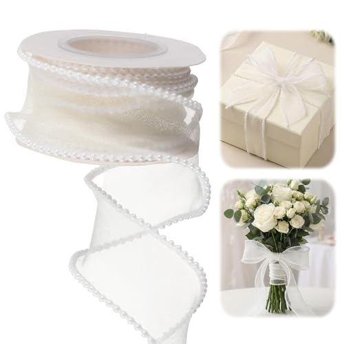 5 Yards Pearl Edge Ribbon Organza Transparent Ribbons Rolls (Ivory)
