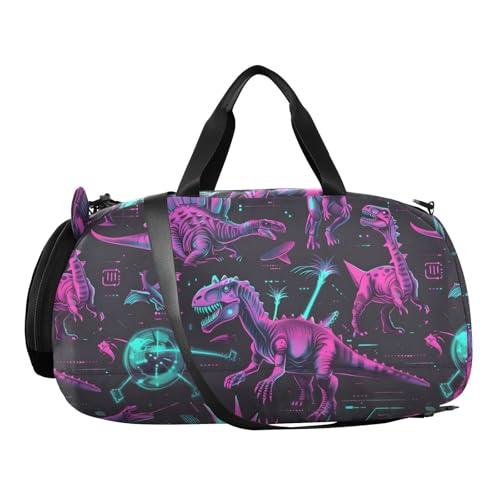 Duffle Bag for Boys or Girls with Shoes Compartment, Cyberpunk Dinosaurs Purple Sports Travel Bag Overnight2