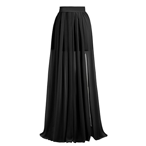 Xiongfeng® Damen Chiffon Plissee Rock Seiten Schlitz Maxi Lang Sommerrock Schwarz,S Cover
