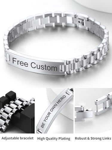 Custom Bracelet for Men - Personalized Gifts for Him Her, Customized Picture, Name & Text Engraved Stainless Steel ID Bracelet Wristband Jewelry Valentines Day Father's Day Gift3