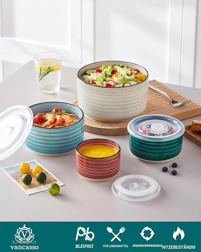 vancasso Bonbon Keramikschale mit Deckel, Suppenschalen mit Deckel, Servierschalen Set 4er mit Deckel für Mittagessen, Picknick, Küche… – Ansicht 3