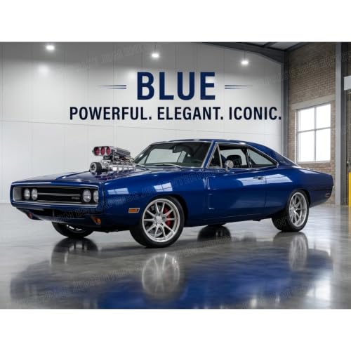 Image of FF7 Collectible Blue Muscle Car Die Cast Model 1:64 Scale, Detailed Metal Vehicle Replica with Display Box for Car Collectors and Enthusiasts