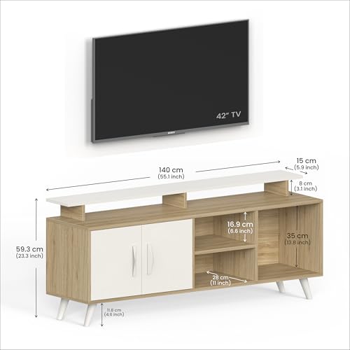 Image of Zerry Engineered Wood TV Entertainment Unit Set Top Box Stand /TV Cabinet Panel with Shelves for Books & Decor Display Unit Bed Living Room Upto 55 Inches - DIY (Light Oak & White)