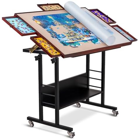 Becko US 1500 Piece Tilting Puzzle Table with 5 Drawers & Cover, Adjustable Puzzle Board with 5 Tilt Angle & Height Adjustment, Portable Jigsaw Tables for Adults, Easy to Move, for 1500 Piece Puzzles Cover