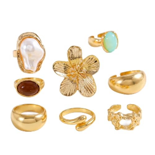 Image of 7Pcs Chunky Gold Rings Set for Women Vintage Statement Knuckle Rings Stackable Open Adjustable Rings for Ladies Gold Jewellery for Women Ring Stack Chic Gold Rings for Ladies Elegant
