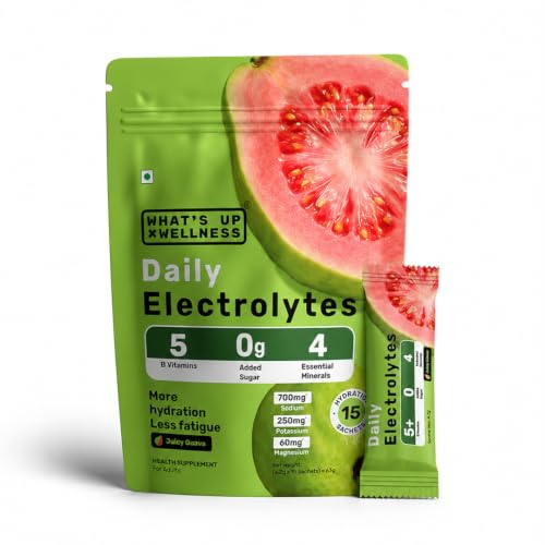 Image of What's Up Wellness Daily Electrolytes Powder - Juicy Guava Flavour | Zero Added Sugar | Instant Hydration - Sodium, Potassium, Magnesium & Zinc | Vegan | 15 Sachets