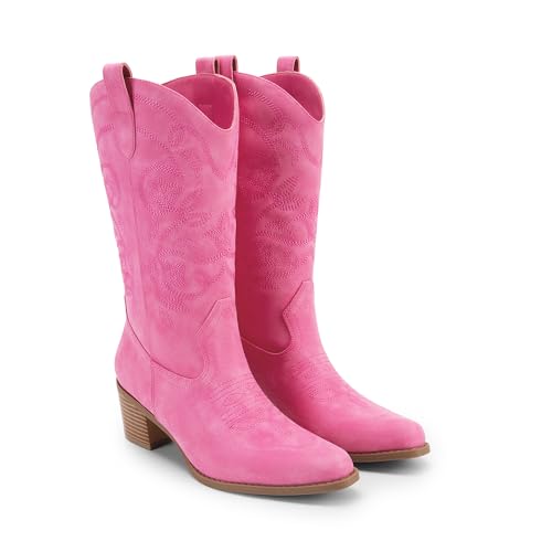 DREAM PAIRS Cowboy Boots for Women Cowgirl Western Boots Fashion Embroidery Stitched Chunky Heel Mid Calf Boots,Size 10,Pink-Nubuck,DWUMMB2504