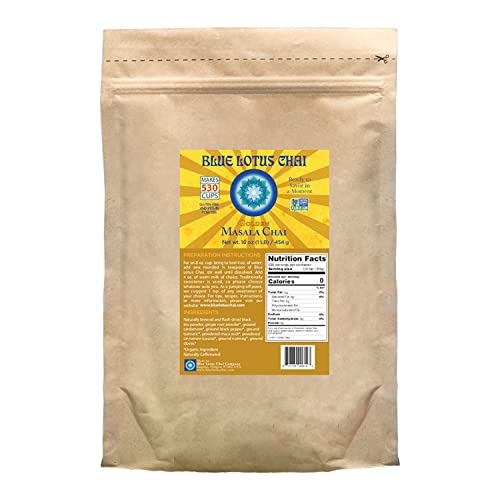 Blue Lotus Chai - Golden Masala Chai - Makes 530 Cups - 1 Pound Bulk Bag Masala Spiced Chai Powder with Organic Spices - Instant Indian Tea No Steeping - No Gluten