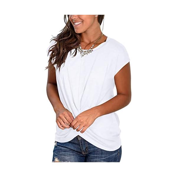 Jescakoo-Womens-Short-Sleeve-Round-Neck-T-Shirt-Front-Twist-Tunic-Tops-Casual-Loose-Fitted Juniors Cute Summer Tops with Twist Solid Trendy Tunic Tops Blouse White M