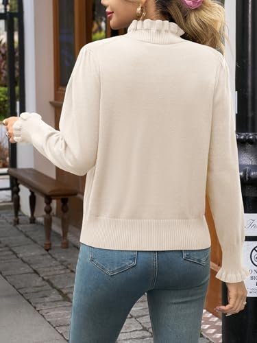 Image of Womens Ruffle Mock Neck Sweater Puff Long Sleeve Fall Trendy Pullover Tops | Fall Winter Clothes, Soft, Business Casual Outfits, Trendy Fashion, Knitted Shirts