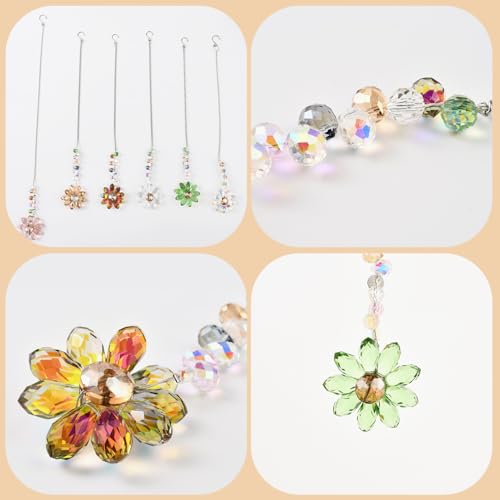 Image of 6 PCS Crystal Flower Suncatchers Hanging Ornaments Colorful Crystal Sunflower Rainbow Maker Hanging Pendant Windows Indoor Outdoor Garden Decorations