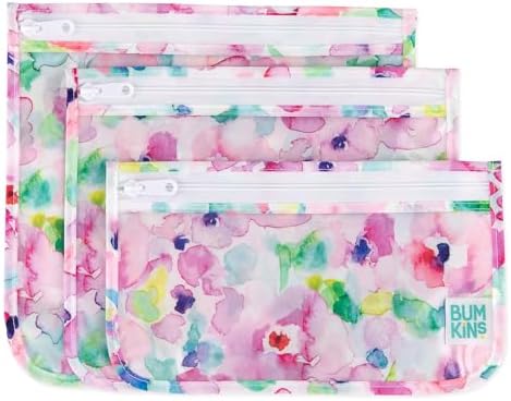 Bumkins Travel Bag, Toiletry, TSA Approved Pouch, Zip Bag, Quart Size Airline Compliant, Clear-Sided, Baby, Diaper Bag Organization, Makeup, Accessories, Packing, Set of 3 Sizes, Watercolors Floral