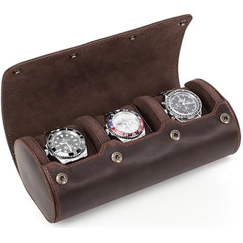 Acidea Genuine Leather Watch Roll Travel Case, Travel Watch Case for Men, Leather 3-Watches Roll Case for Bracelets, Portable Watch Storage Organizer with Removable Pillows Cover