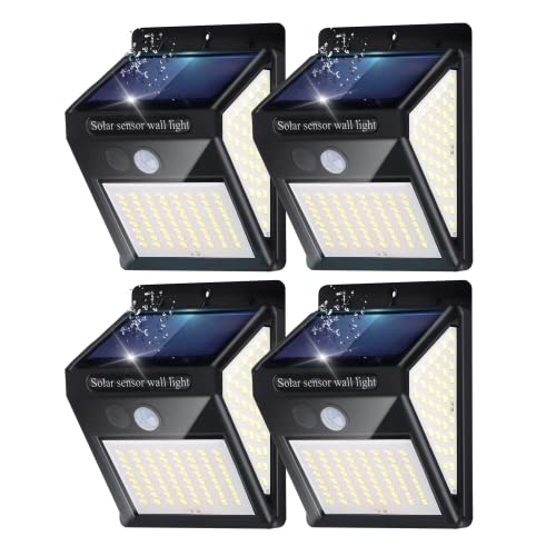 Lámpara solar para exteriores, 140 LED, sensor de movimiento, 3 modos de funcionamiento, IP65 impermeable, lámpara de pared inalámbrica para puerta de casa, patio, valla, patio y jardín (4 unidades) Cover