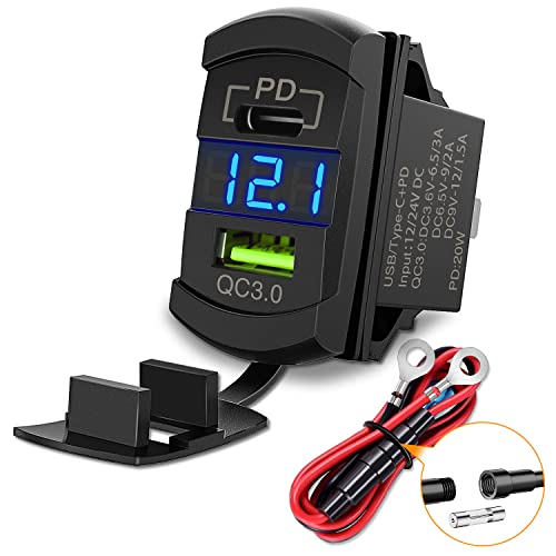 Nilight Rocker Switch Style USB Outlet LED Voltmeter Quick Connector 12V PD Type C and USB QC 3.0 Cars Replacement with Inline Fuse for Switches Panel on Boats RV Truck Car