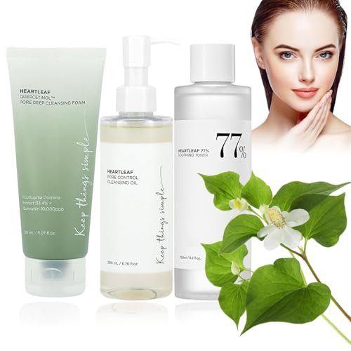 Heartleaf 77% Soothing Toner 250ml - Heartleaf Pore Cleansing Foam 150ml - 77% Pore Cleansing Oil 200ml - Pore Toner Deep Cleanseing Quercetin Heartleaf Facial Cleanser Reduce Schiuma Detergente