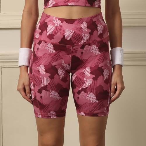 Image of SOIE Women Polyester Blend Sports Shorts High Waist Knee Length with Side Pocket Quick Dry Squat Proof Athleisure Shorts for Workout