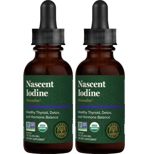 Global Healing Center - Detoxadine - Organic Nascent Liquid Iodine Supplement Drops for Thyroid Support Detox Cleanse and Metabolism Vegan 200 Servings Iodine Drops (1 Oz)(2-Pack)