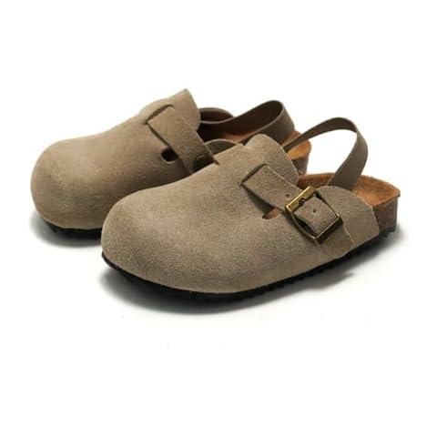 East Bajia Suede Clogs for Girls and Boys Toddler Slippers Slip-on Kids Shoes Indoor Outdoor Cute Sandals Classic Cork Adjustable Buckle(7-7.5 Toddler,Apricot) Cover