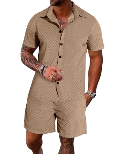 UOUA Mens Velour Tracksuit 2 Piece Outfits Short Sleeve Button Down Shirt and Short Sets Casual Sweatsuits