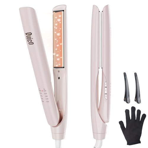 Quico Upgrade Hair Straightener, 100-240V Dual Voltage Travel Hair Straightener and Curler with 15s Heat Up, Professional Negative Ion Ceramic Flat Iron for Less Frizz, 5 Temp & Auto Shut-Off, Pink