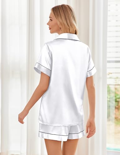 Image of Ekouaer Womens Silk Satin Pajama Sets Soft Short Sleeve Button Down Sleepwear Top and Shorts 2 Piece Pjs Lounge Set