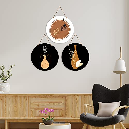 Image of Artvibes Contemporary Abstract Line Art Round Wooden Wall Hanger for Home Decor | Modern Wall Art Paintings | Wall Poster | Handcrafted Art | Artworks Hangings | Ideal Gifts (WH 4208N), Set of 3