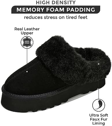 Project Cloud Womens Slippers - Water Resistant House Slippers - Fuzzy Fur Lining & Wool Collar House Shoes - Cow Suede Platform Slippers for Women Indoor and Outdoor (Snowy, Black, 8) | Image 2