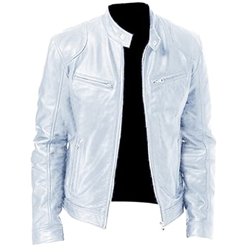 Maiyifu-GJ Men's Faux Leather Biker Jacket Vintage Motorcycle Jacket Outerwear Retro Stand Collar PU Leather Slim Fit Coat (White,Small)