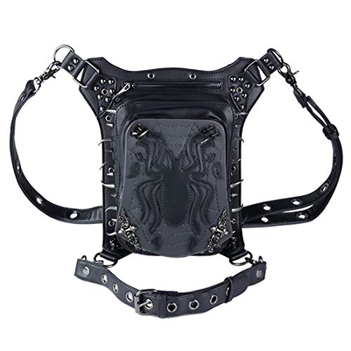 Qhome Black Rivet Spider Retro Women Gothic Leather Steampunk Bag Steam Punk Retro Rock Gothic Goth Shoulder Waist Bags Packs Victorian Style for Women Men + Leg Thigh Holster Bag