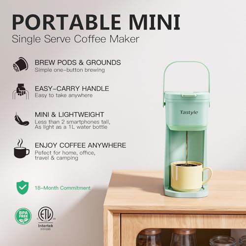 Image of Tastyle Single Serve One Cup Coffee Maker, for K Cups and Grounds, Mini Coffee Maker with Portable Handle, 6 to 12 Oz Brew Size, for Travel, Camping, Office, RV and Dorm, 120V, Oasis