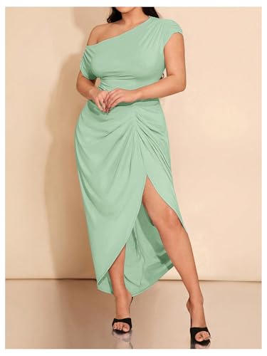 Image of Floerns Women's Plus Size Asymmetrical Neck Long Dress Ruched Slit Hem Cocktail Dress
