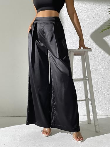 Women's Satin Wide Leg Palazzo Pants Plicated Silky Pull on Party Dress Casual Pant Trouser4