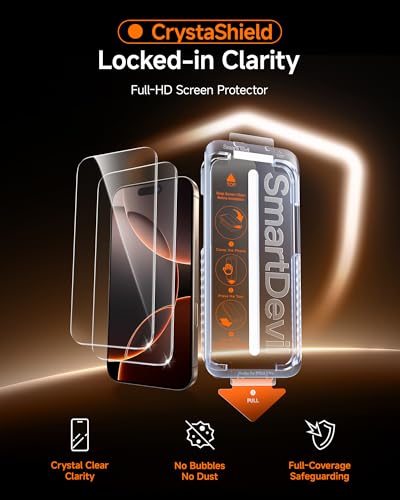Image of SMARTDEVIL 2 Pack for iPhone 16 Pro Screen Protector, 9H Hardness Military Grade Shatterproof, HD Clear Tempered Glass with Auto Dust-Elimination, Bubble Free, Easy Installation, Case Friendly