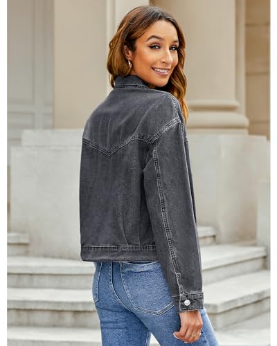 Luvamia LV-LOW-788271V-B-XL Black Zip Up Jacket Womens Black Jacket Black Cropped Jean Jacket Oversized Black Denim Jacket Women Cropped Black Denim Jacket Vintage Black Size X-Large Fits Size 16 18 thumb #4