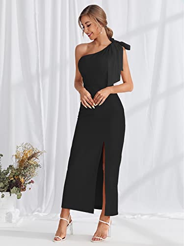 Makemechic Women's Elegant Bow One Shoulder High Slit Cocktail Party Maxi Dress Black Xs #TOP2