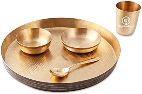 RAJ GHARANA METALS Pure Kansa (Bronze) Dinner Set (Thali Set) - 6 Pcs KANSA Utensils Set - 1 Dish (platter) Dai 12 inch, 2 Bowl (Katori), 1 Sweet Dish, 1 Glass(tumbler 200ml), 1 Spoon - Ideal Gift