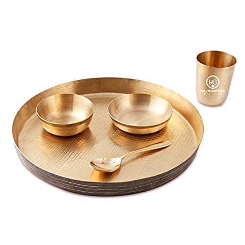 Raj Gharana Metals Pure Kansa (Bronze) Dinner Set (Thali Set) - 6 Pcs Kansa Utensils Set - 1 Dish (Platter) Dai 12 Inch, 2 Bowl (Katori), 1 Sweet Dish, 1 Glass(Tumbler 200Ml), 1 Spoon - Ideal Gift #TOP1