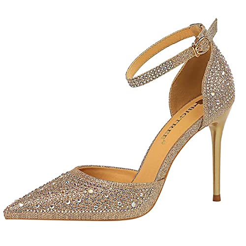 JOEupin Womens RhinestoneStiletto High Heel Pointed Toe Pumps Ankle Strap Closed Toe Pump Sandals