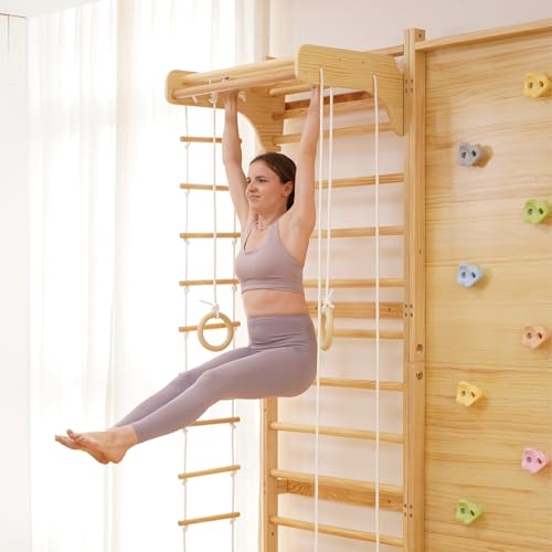 Image of Avenlur Walnut 9-in-1 Swedish Ladder Wall Gym Kids, Indoor Climbing Wall | 2 Heights: 78.8 inch or 94.5 inch Montessori Indoor Playground & Jungle Gym, Rock Climbing Wall for Kids, Rope Ladder, Slide, Swing