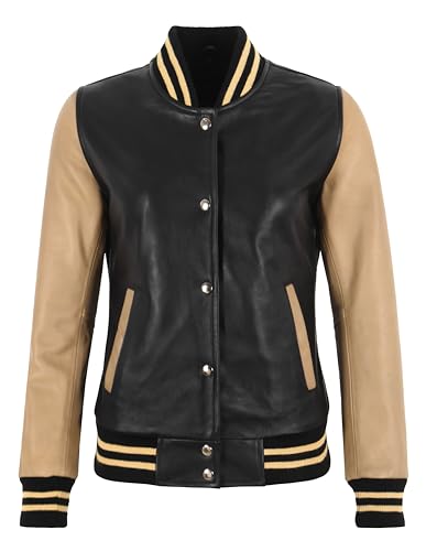 Veste en cuir véritable femme noir beige blouson bomber biker varsity de mi-saison