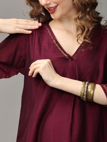 Image of The Mom Store Maternity Nursing and Feeding Kurta Set | Nursing Zippers | Pre and Post Pregnancy | Raw Silk | Kurta Pant Set | Solid |