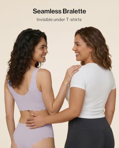 Image of Ubras Deep V Seamless Bras for Women Scalloped Wireless Bralette Comfortable Soft Everyday Sleep Bras Smart Size