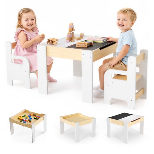 Krovtoy Juego Mesa y Sillas Infantil con 2 Unidades, Mesa Multifuncional con Pizarra, Mueble de Madera con Almacenamiento, Mesa Ergonómica para Estudiar Dibujar y Jugar Blanco Madera Natural