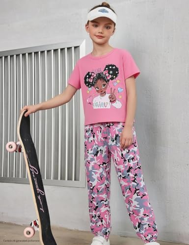 Image of mksodop Girls Outfit Set Graphic T Shirt and Camo Jogger Pants Cute Casual Clothes for Girls 5-16 Years
