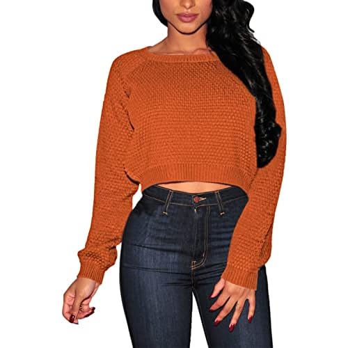 Pink Queen Crop Sweaters for Women Trendy Crew Neck Long Sleeve Fall Ribbed Pullover Cropped Knit Tops Ginger X-Large
