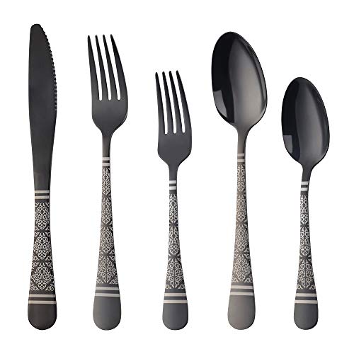 20 Piece Silverware Utensils Set,Black Flatware Set, Stainless Steel With Titanium Colorful Plated, Silverware,Mirror Polished Kitchen Utensil Set, Dishwasher Safe