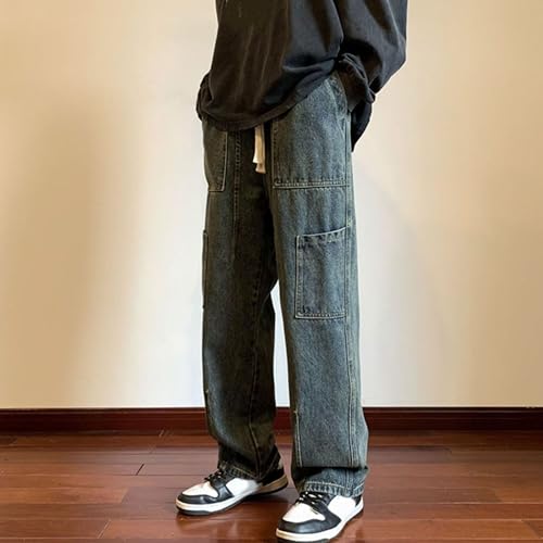Cargo Jeans for Men Wide Leg Baggy Light Blue Denim Pants Loose Fit Streetwear with Drawstring Waist2